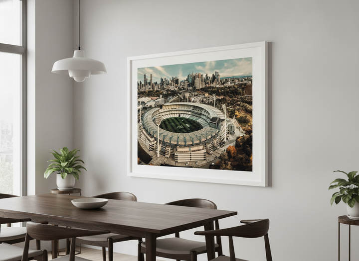 Wall art styled above a dining table in a contemporary home