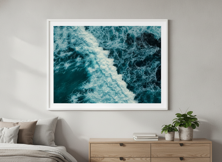 Minimalist artwork displayed in a calm, light-filled bedroom interior