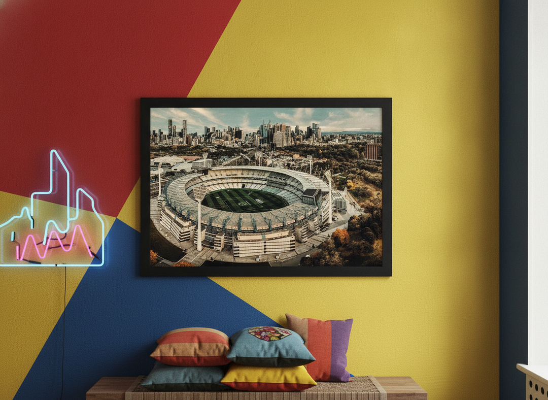 Bold wall art styled in a colourful, eclectic modern home