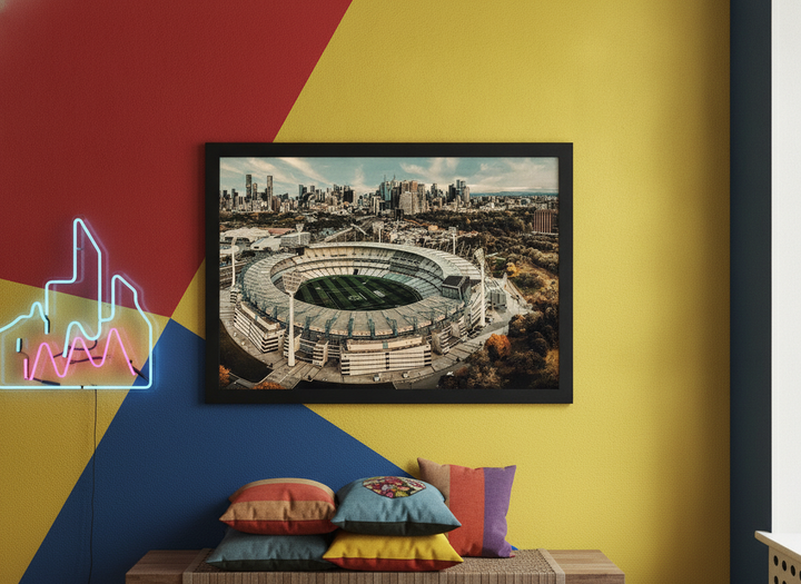 Bold wall art styled in a colourful, eclectic modern home