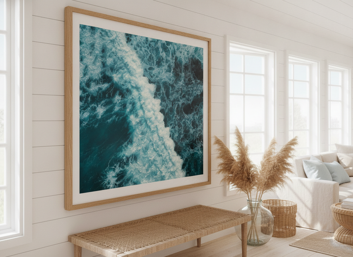 Neutral wall art displayed in a sunny coastal beach house