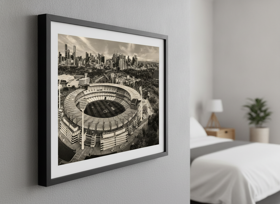Minimalist artwork displayed in a calm, light-filled bedroom interior