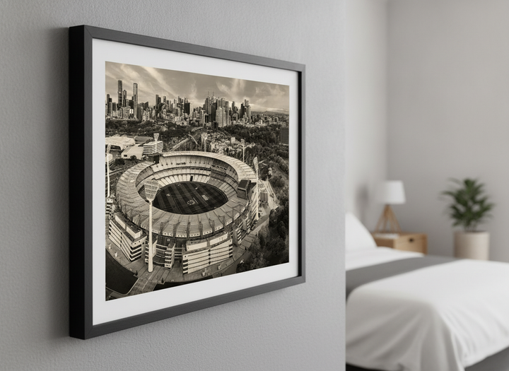 Minimalist artwork displayed in a calm, light-filled bedroom interior