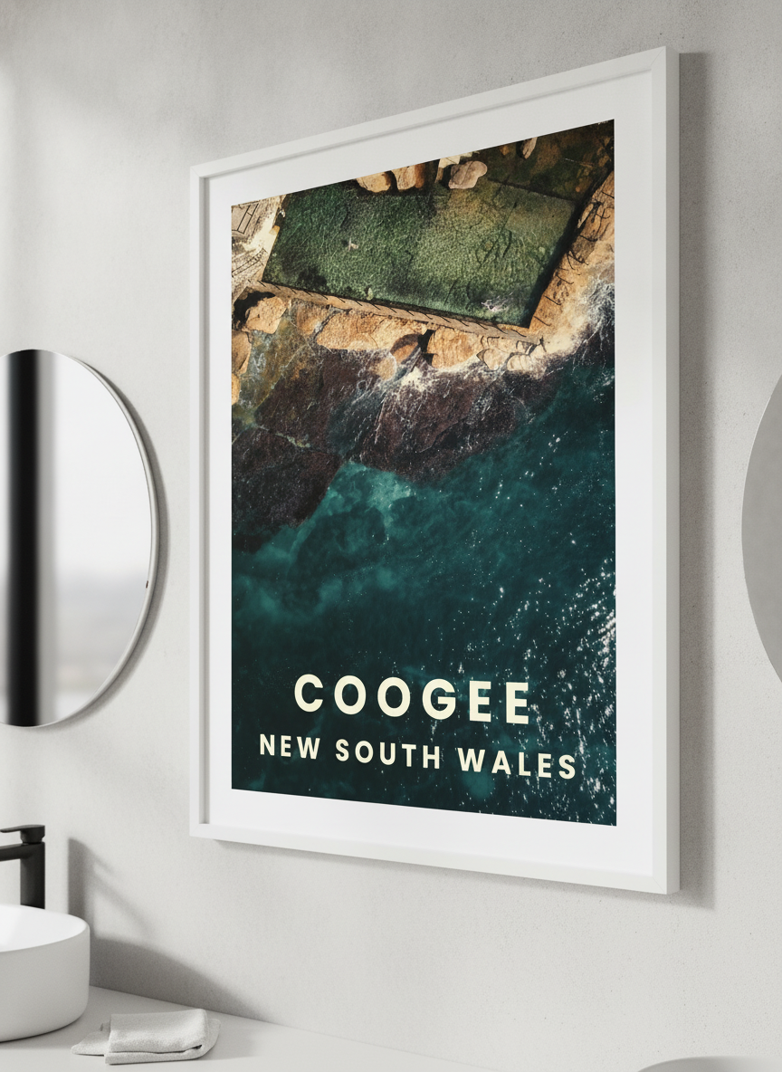 Modern print displayed in a clean minimalist bathroom setting