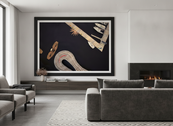 Monumental artwork centred on a feature wall in a luxe interior