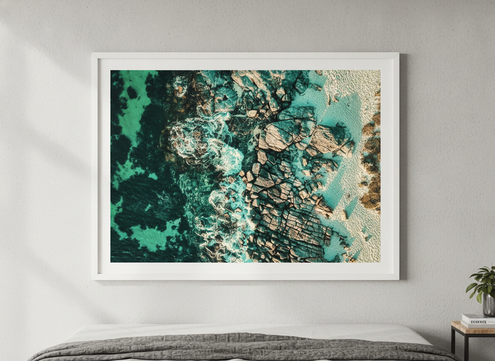 Minimalist artwork displayed in a calm, light-filled bedroom interior