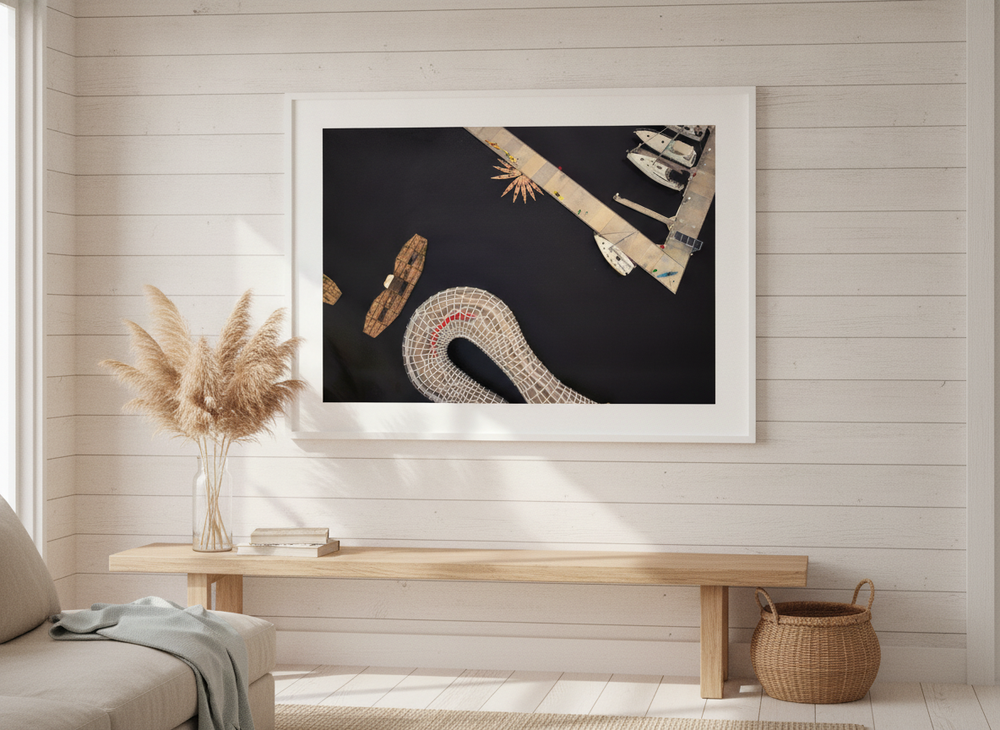 Neutral wall art displayed in a sunny coastal beach house