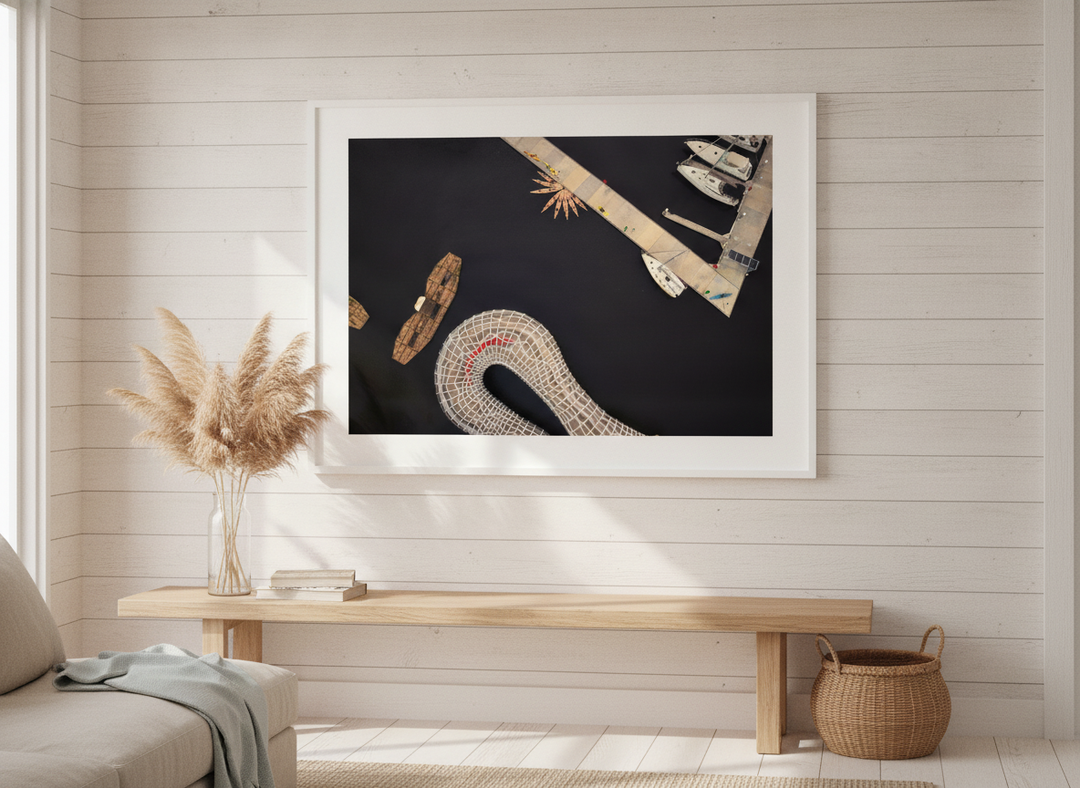 Neutral wall art displayed in a sunny coastal beach house