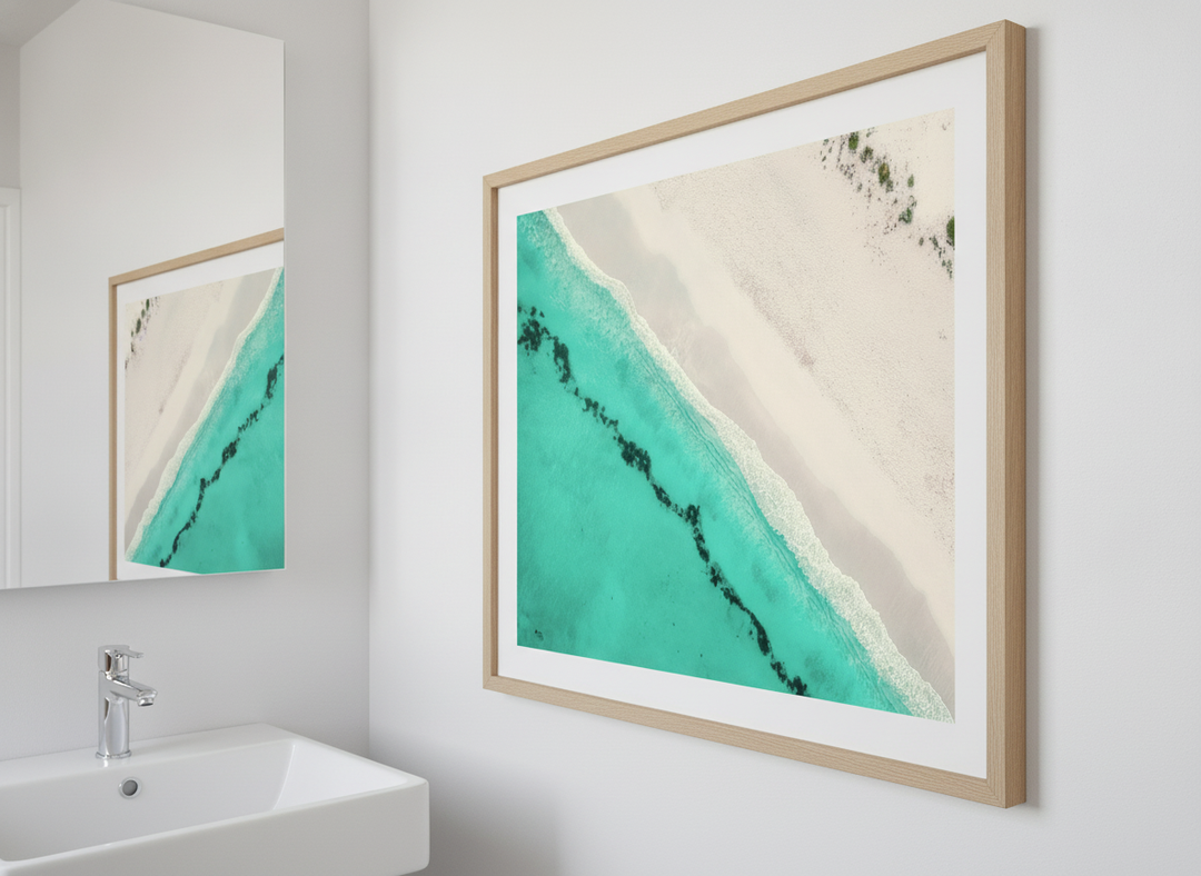 Modern print displayed in a clean minimalist bathroom setting