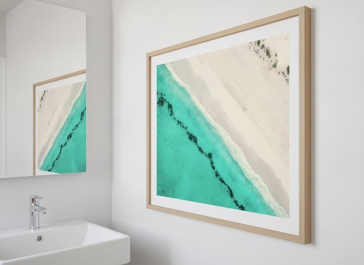 Modern print displayed in a clean minimalist bathroom setting