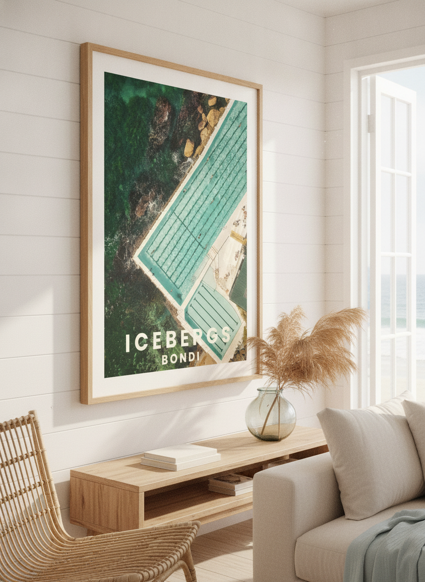 Neutral wall art displayed in a sunny coastal beach house