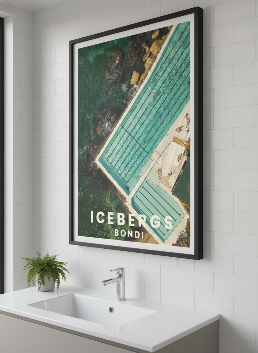 Modern print displayed in a clean minimalist bathroom setting