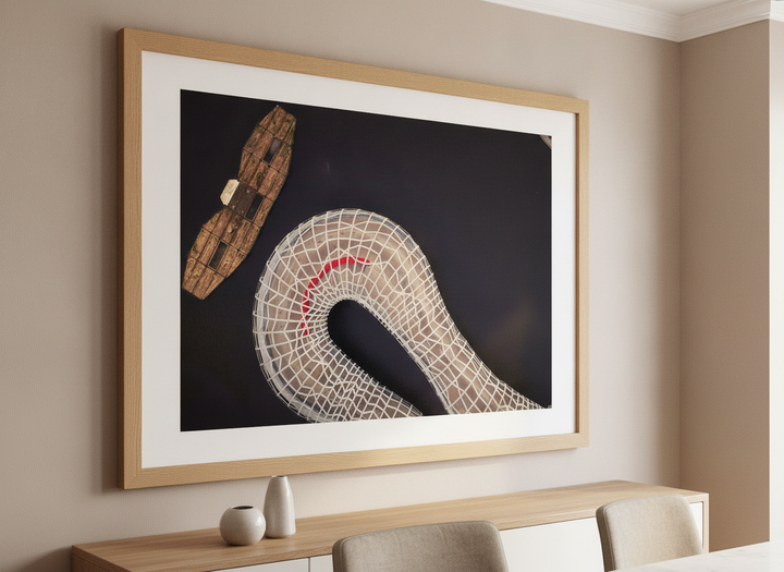 Wall art styled above a dining table in a contemporary home