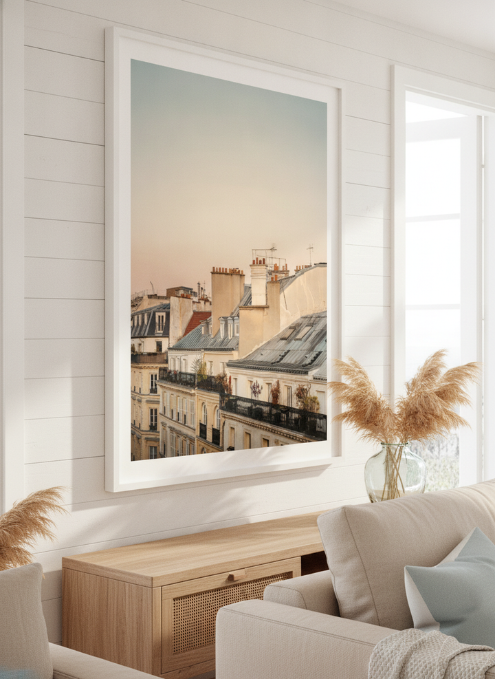 Neutral wall art displayed in a sunny coastal beach house