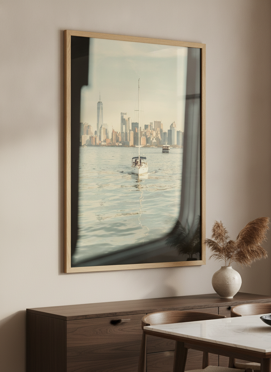 Wall art styled above a dining table in a contemporary home