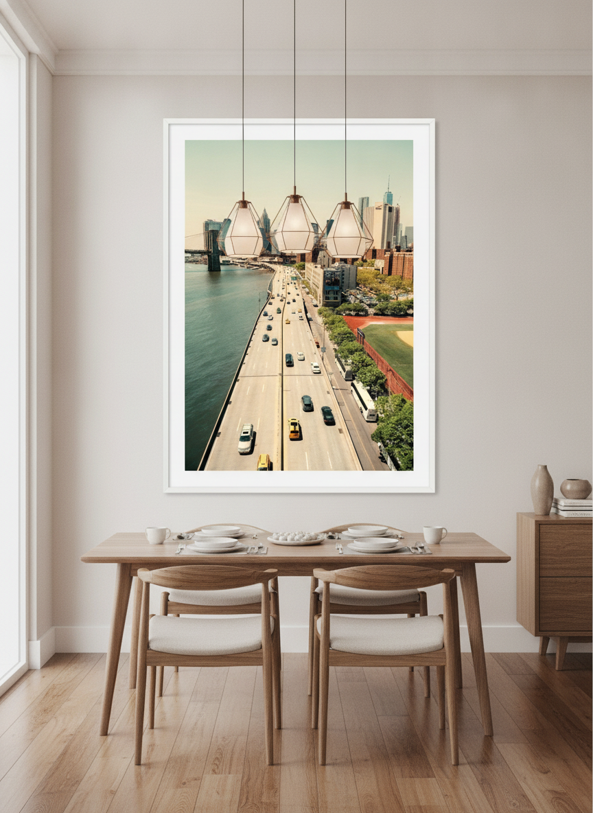 Wall art styled above a dining table in a contemporary home