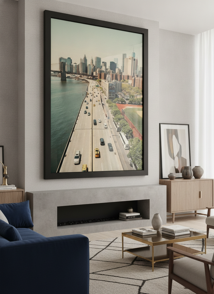 Monumental artwork centred on a feature wall in a luxe interior