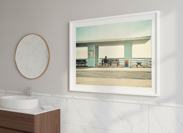 Modern print displayed in a clean minimalist bathroom setting