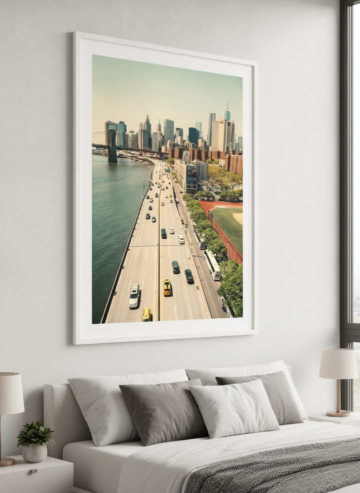 Minimalist artwork displayed in a calm, light-filled bedroom interior