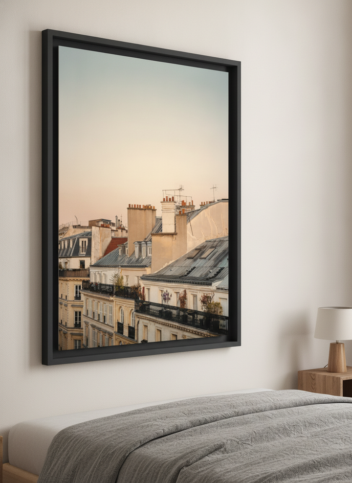 Minimalist artwork displayed in a calm, light-filled bedroom interior