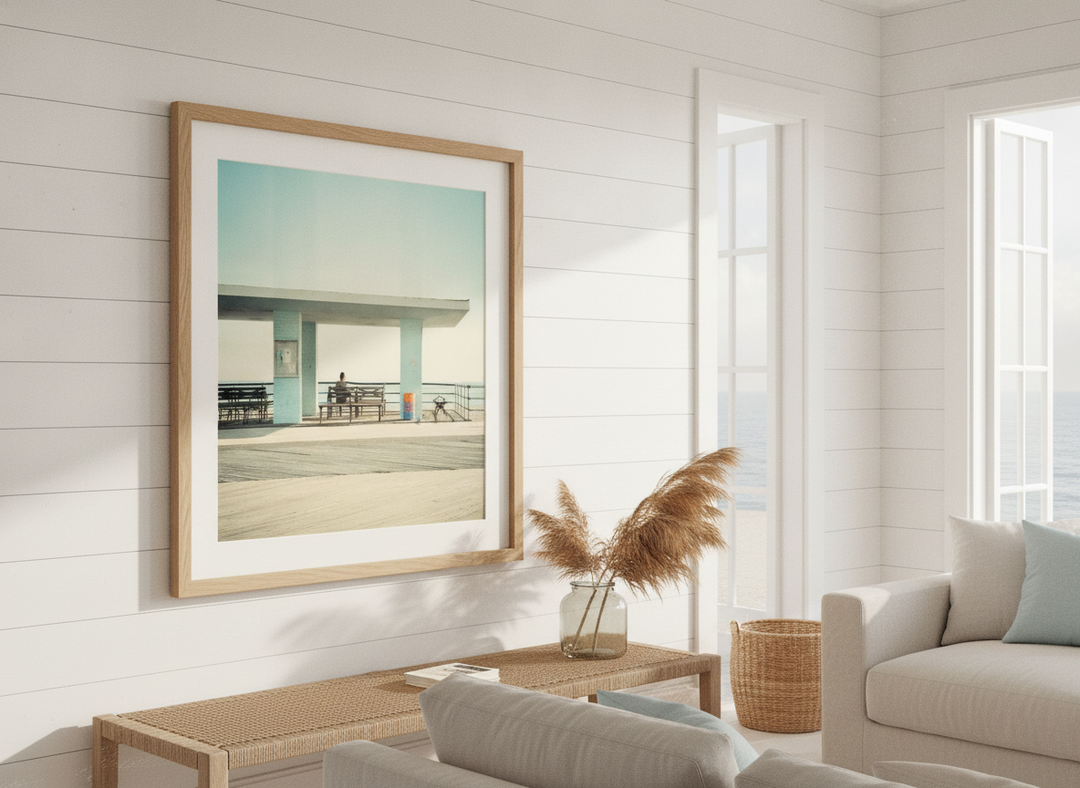 Neutral wall art displayed in a sunny coastal beach house