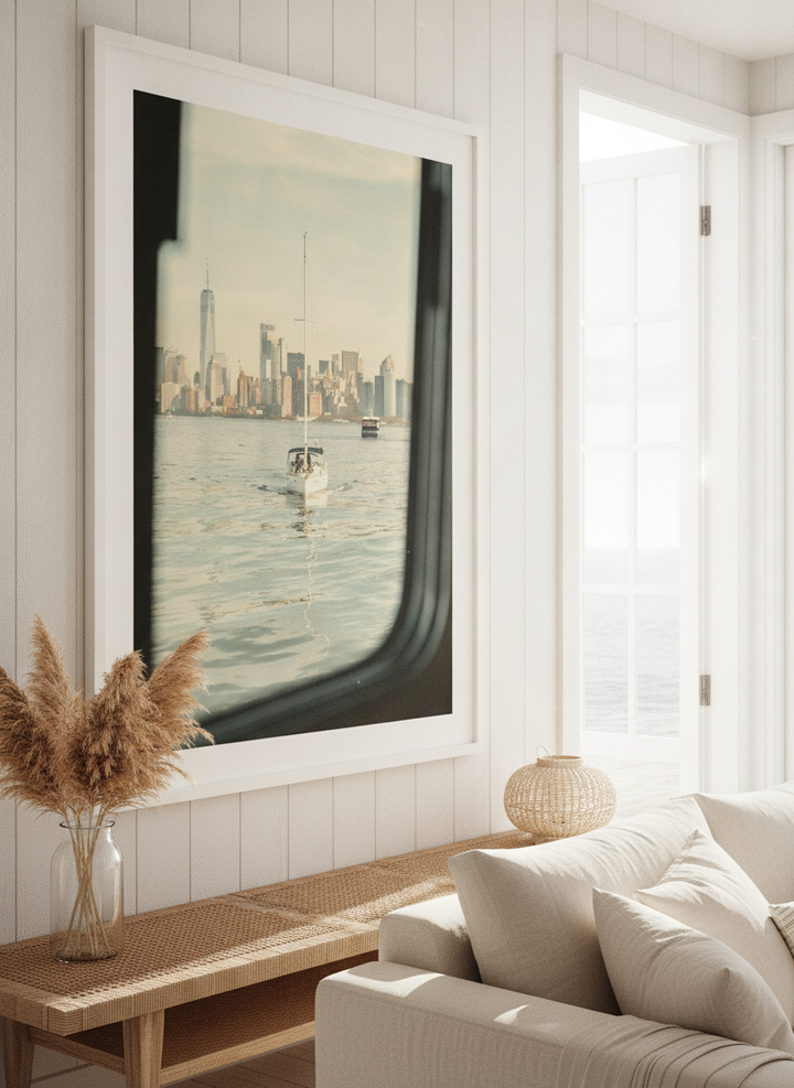 Neutral wall art displayed in a sunny coastal beach house