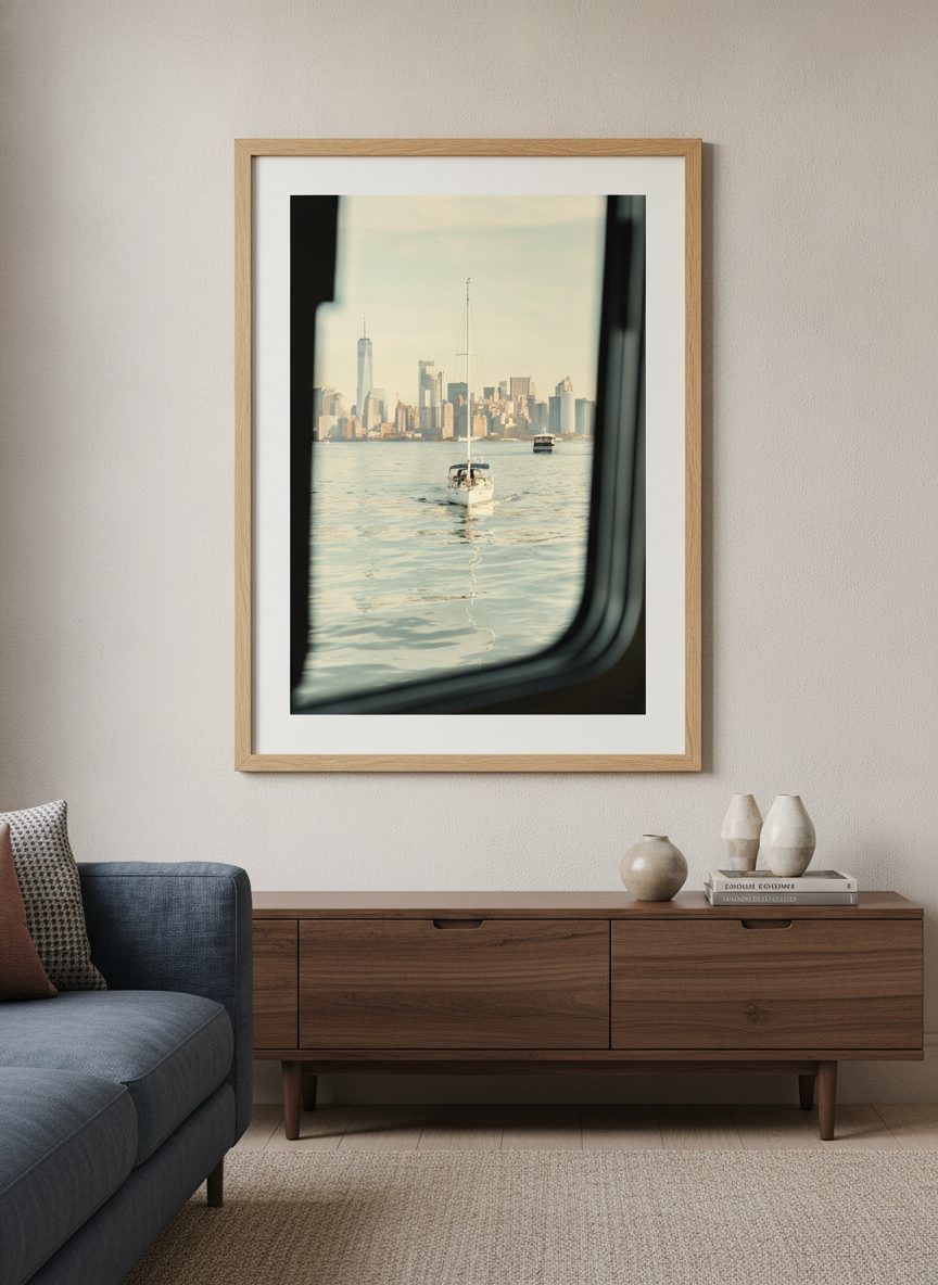 Modern wall art styled above a sofa in a neutral living room