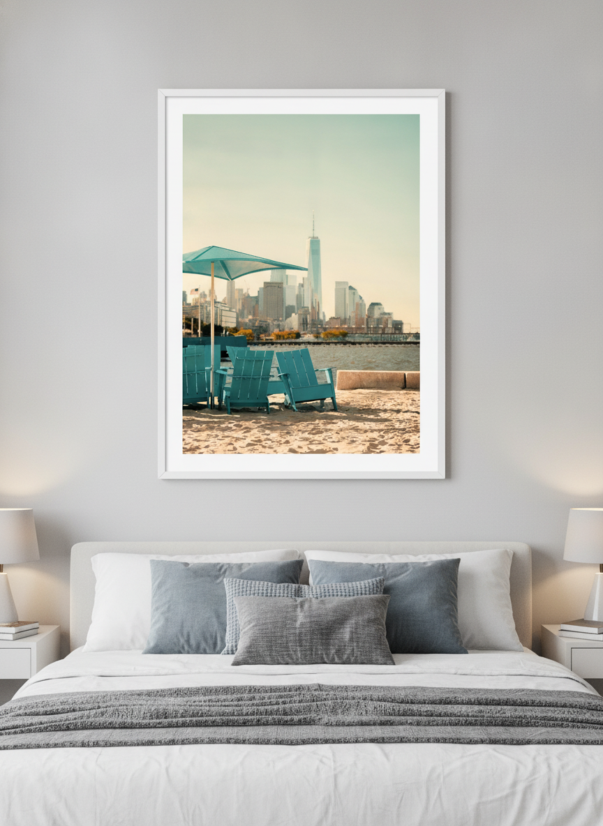 Minimalist artwork displayed in a calm, light-filled bedroom interior