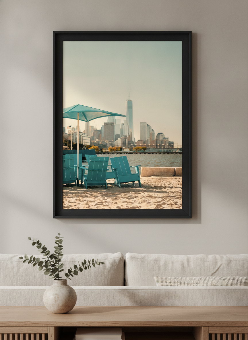 Modern wall art styled above a sofa in a neutral living room