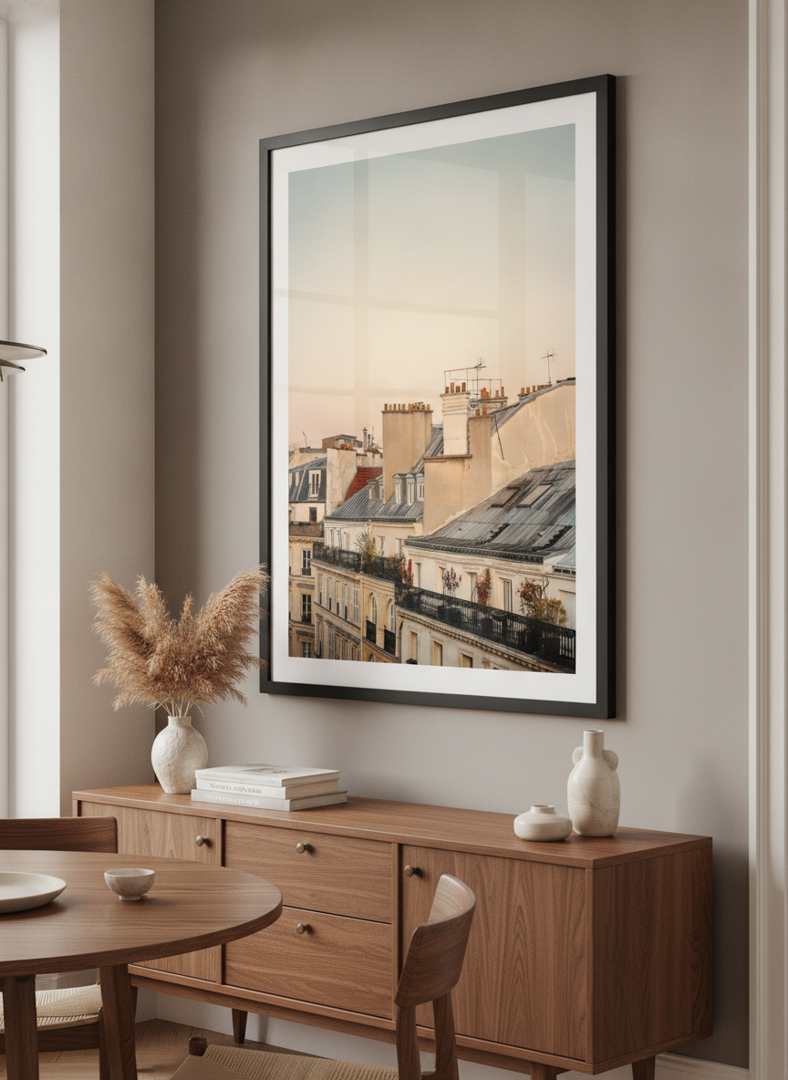 Wall art styled above a dining table in a contemporary home