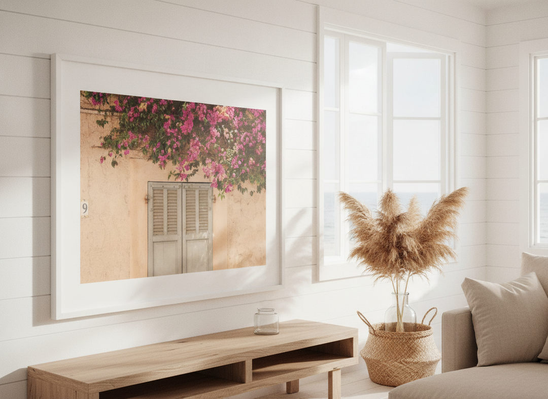 Neutral wall art displayed in a sunny coastal beach house