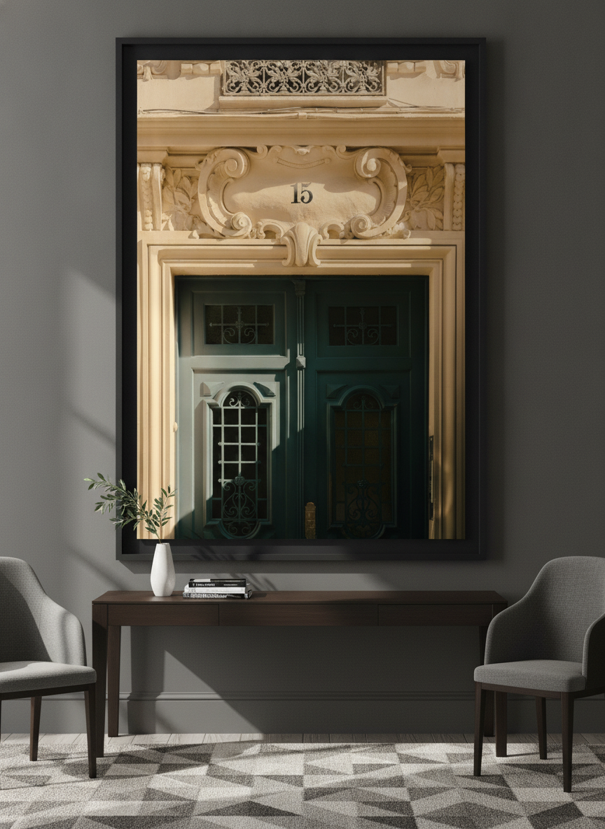 Monumental artwork centred on a feature wall in a luxe interior