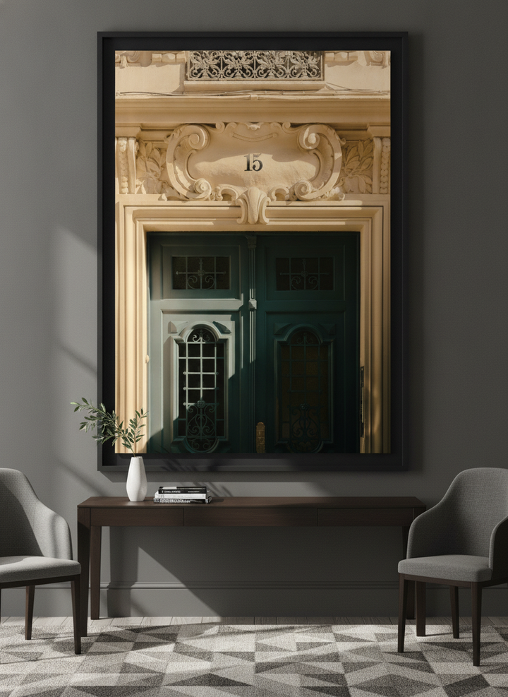 Monumental artwork centred on a feature wall in a luxe interior