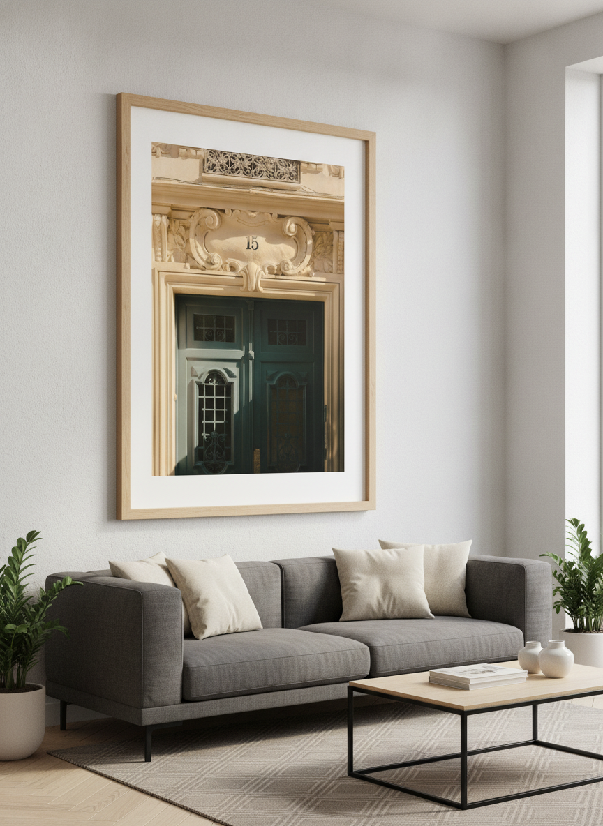 Modern wall art styled above a sofa in a neutral living room