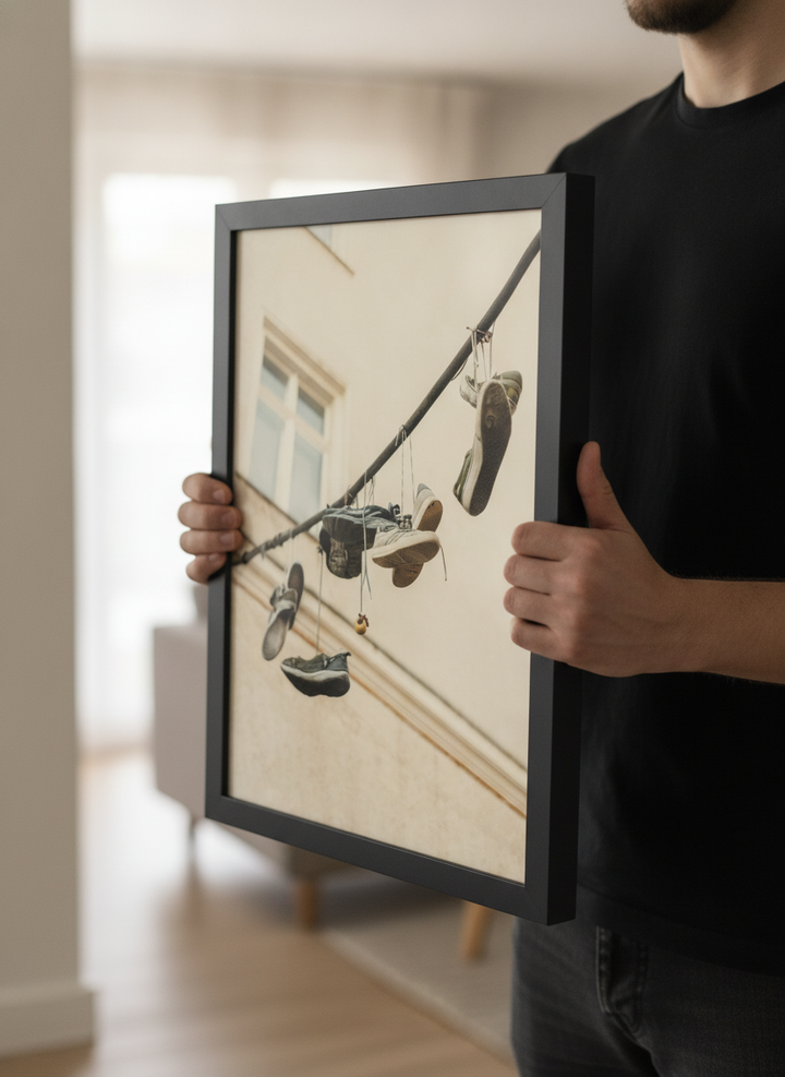 Person showcasing the artwork against a clean modern interior wall