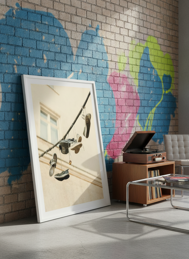 Bold wall art styled in a colourful, eclectic modern home