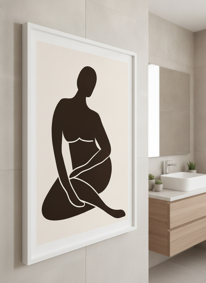 Modern print displayed in a clean minimalist bathroom setting