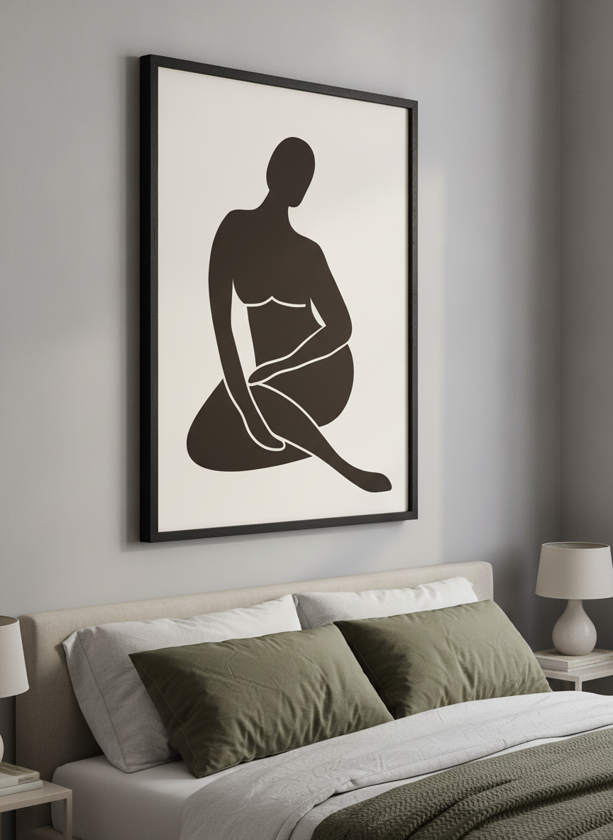 Minimalist artwork displayed in a calm, light-filled bedroom interior