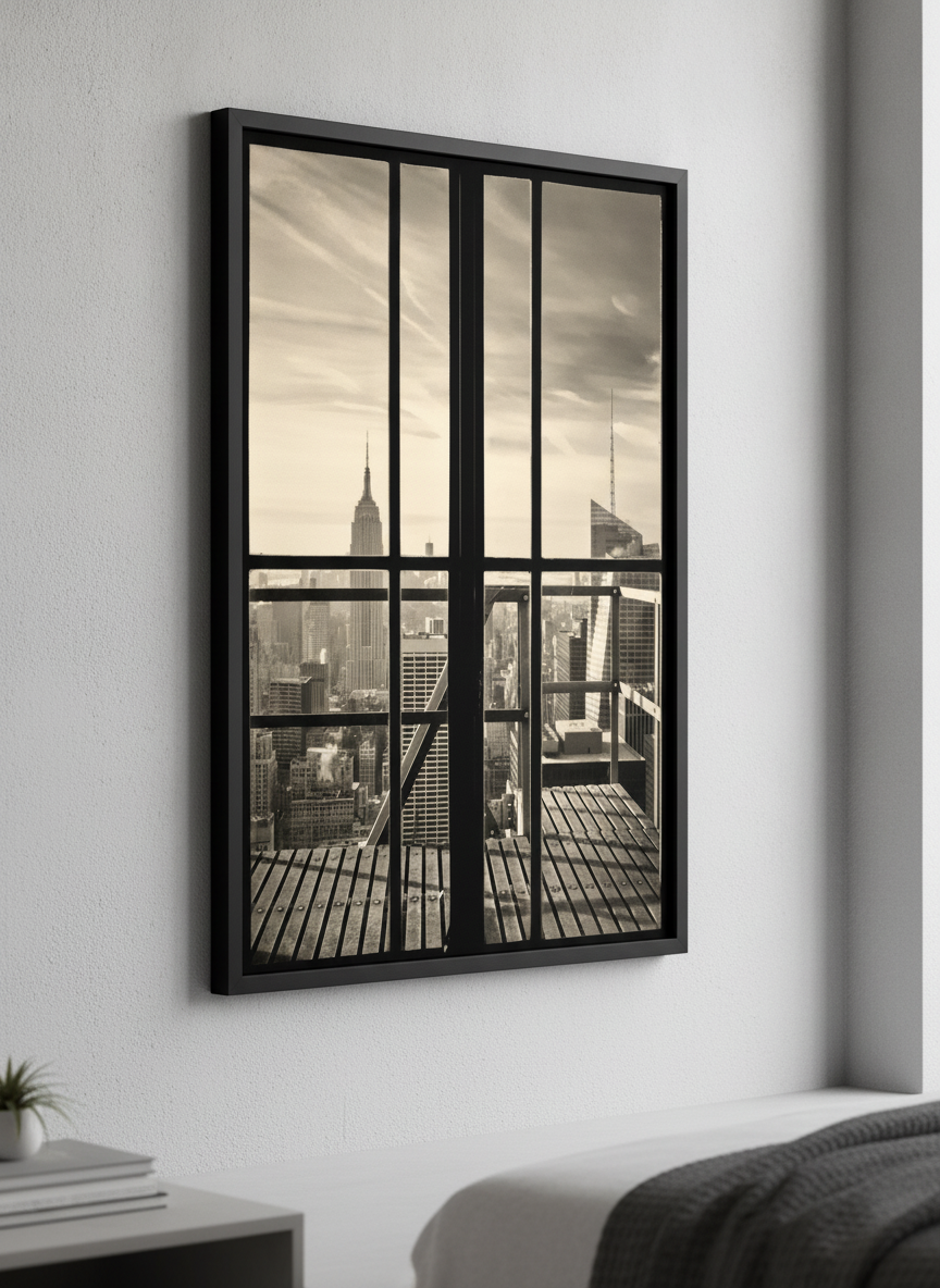 Minimalist artwork displayed in a calm, light-filled bedroom interior