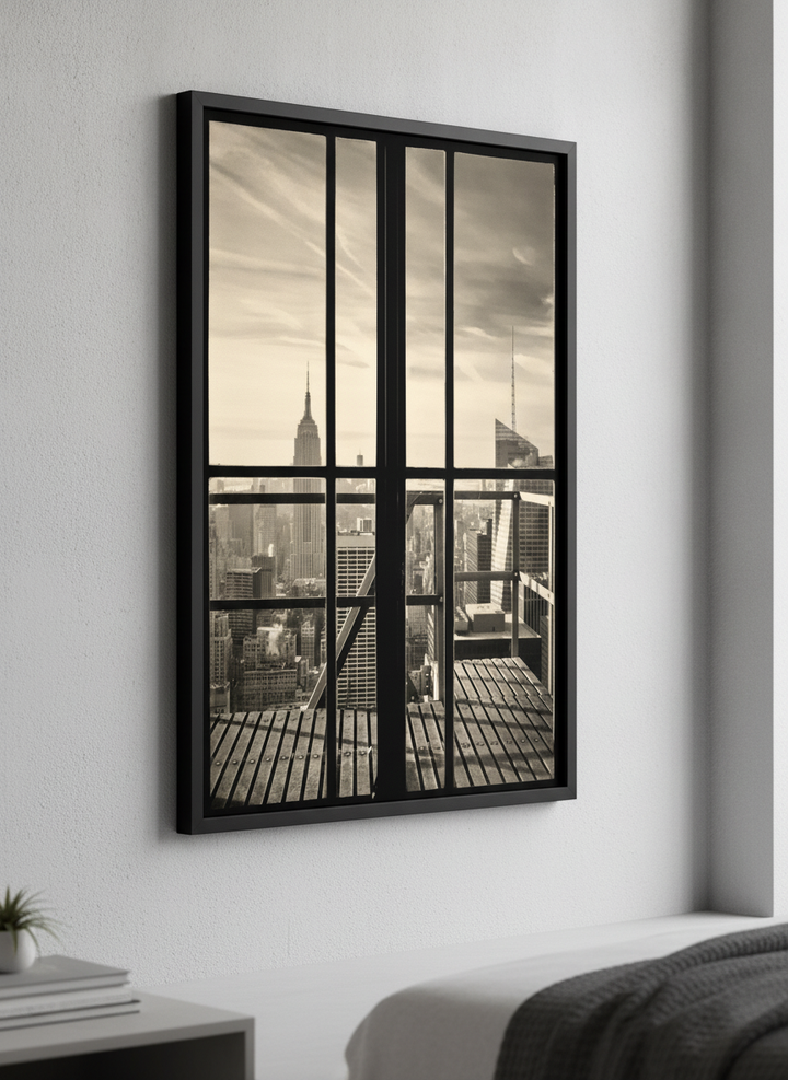 Minimalist artwork displayed in a calm, light-filled bedroom interior