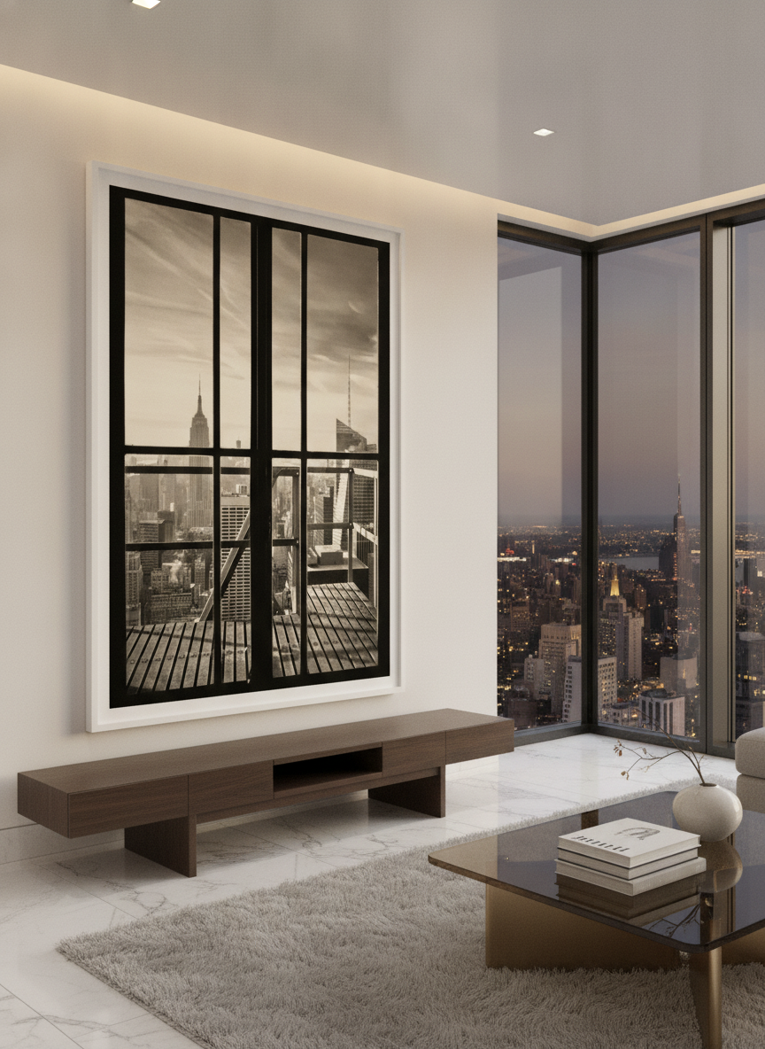 Monumental artwork centred on a feature wall in a luxe interior