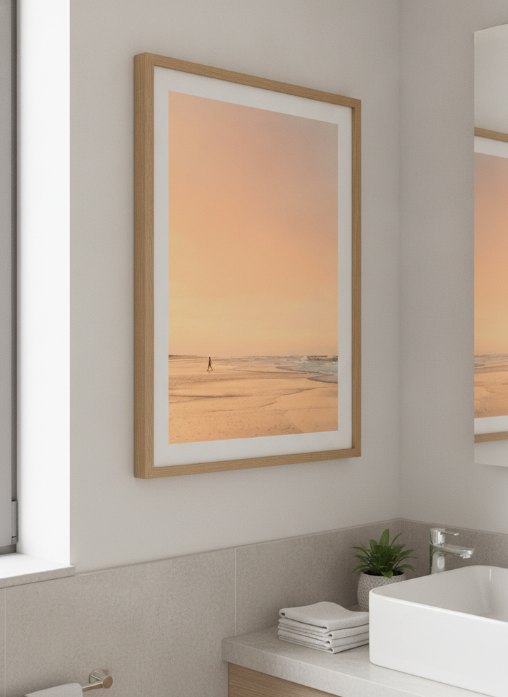 Modern print displayed in a clean minimalist bathroom setting