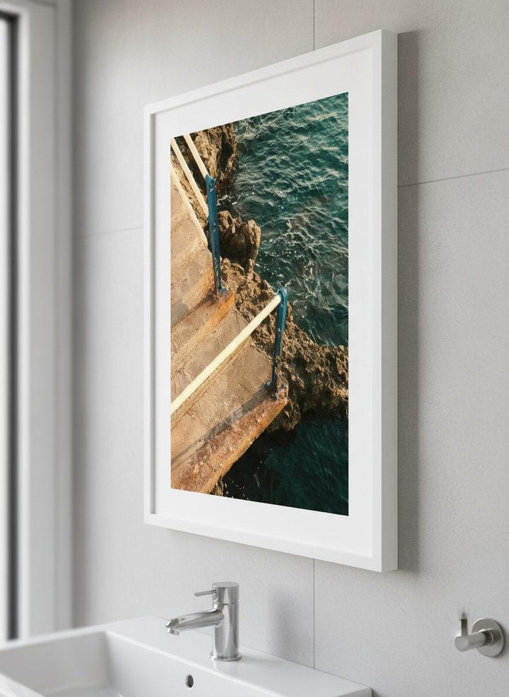 Modern print displayed in a clean minimalist bathroom setting