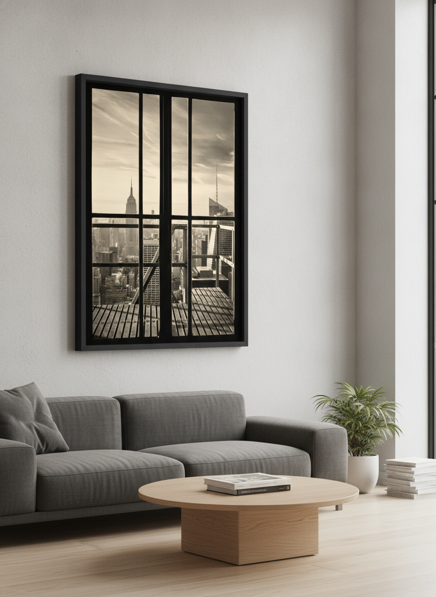 Modern wall art styled above a sofa in a neutral living room