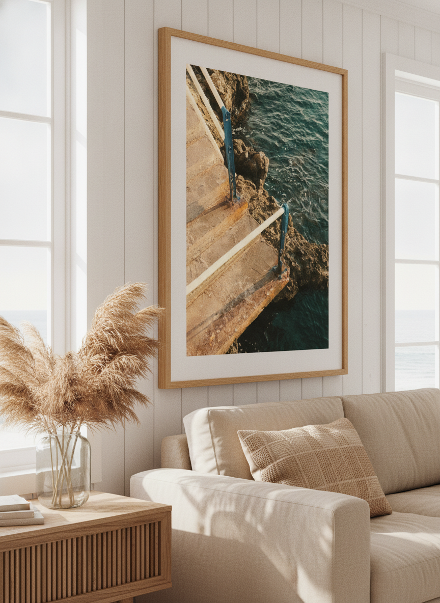 Neutral wall art displayed in a sunny coastal beach house