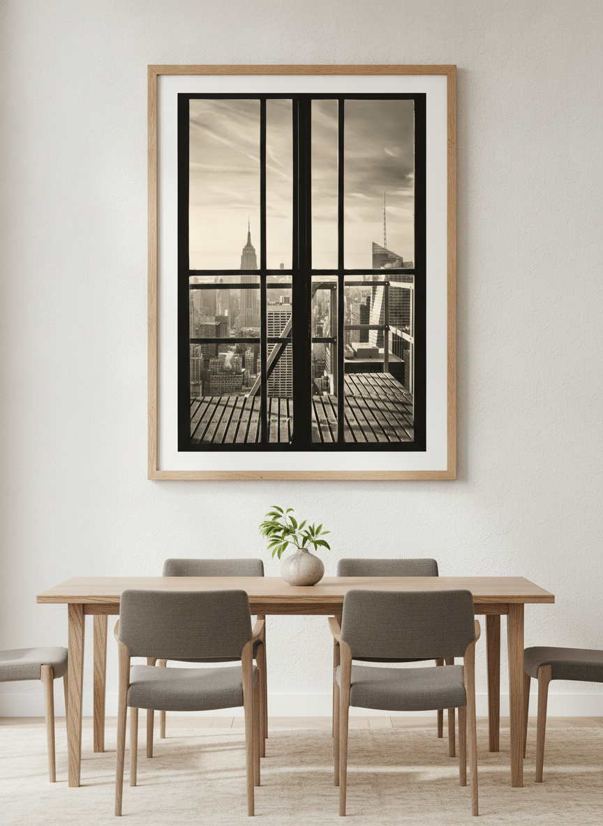 Wall art styled above a dining table in a contemporary home