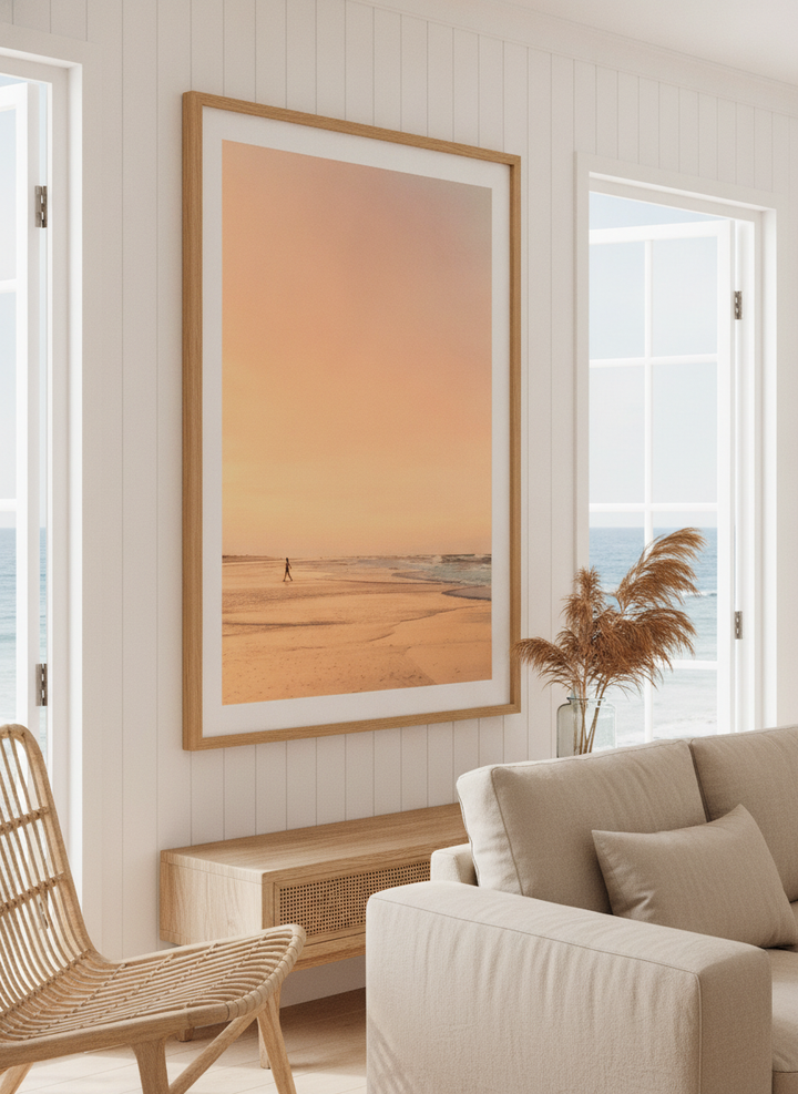 Neutral wall art displayed in a sunny coastal beach house