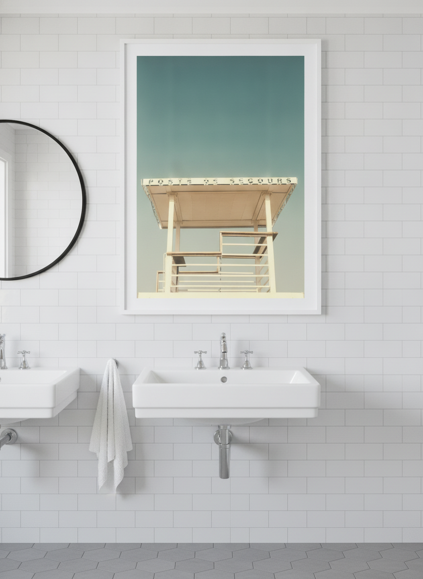 Modern print displayed in a clean minimalist bathroom setting