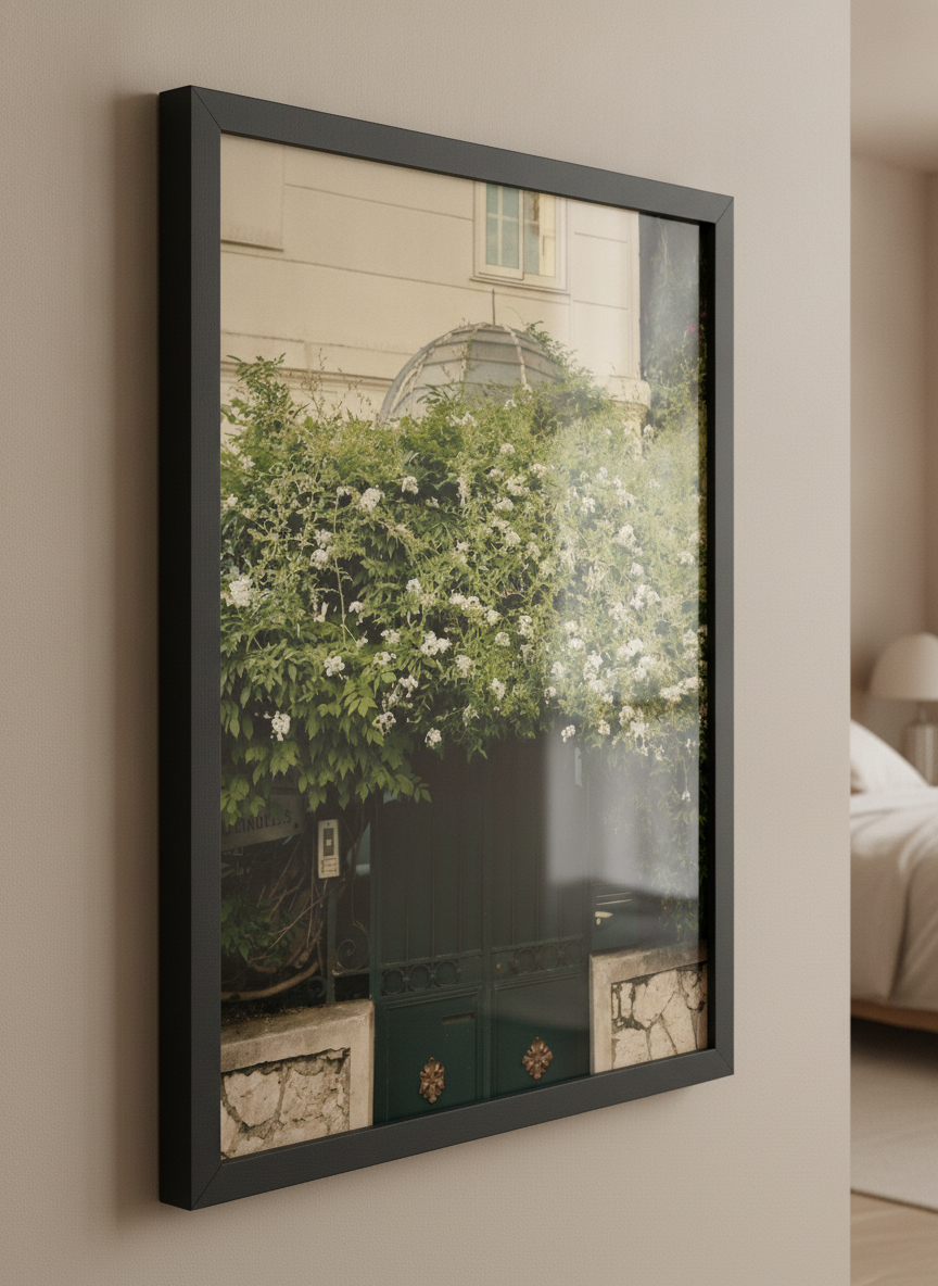 Minimalist artwork displayed in a calm, light-filled bedroom interior