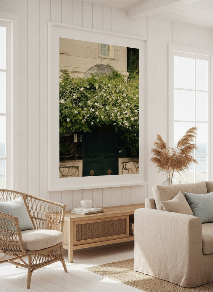 Neutral wall art displayed in a sunny coastal beach house